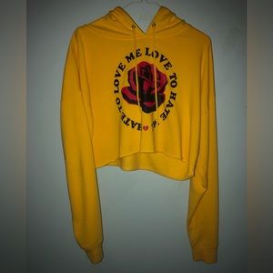 Mustard Yellow Cropped Hoodie with Rose Graphic